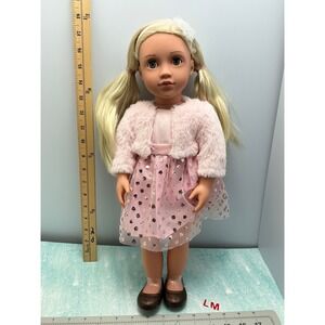 Our Generation Doll Blonde Hair Blue Eyes Pink Dress Outfit 18 Inches